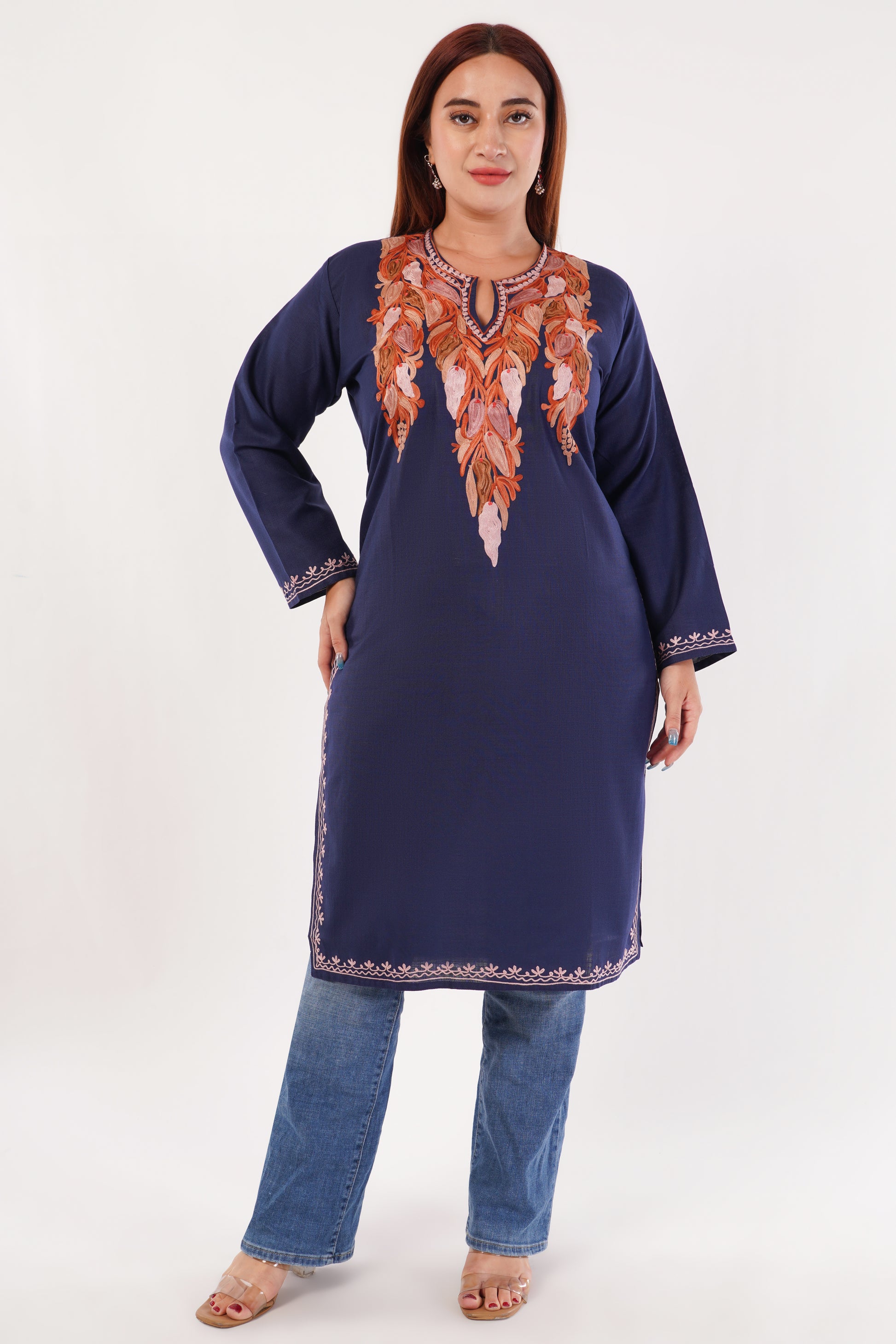 Kashmiri Aari embroidery Cotton Long Kurti Size-44(Navy Blue)