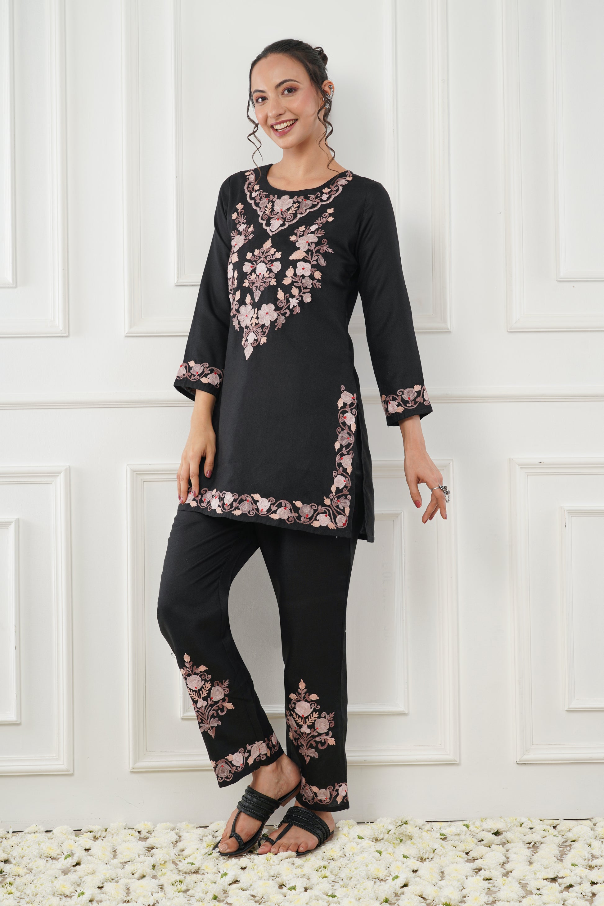 Kashmiri Short Kurti Set-(Black)