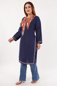 Kashmiri Aari embroidery Cotton Long Kurti Size-44(Navy Blue)