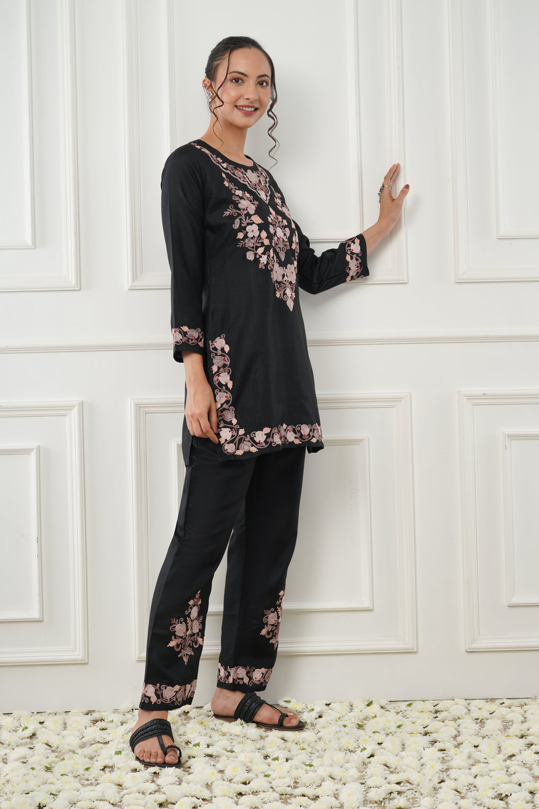 Kashmiri Short Kurti Set-(Black)
