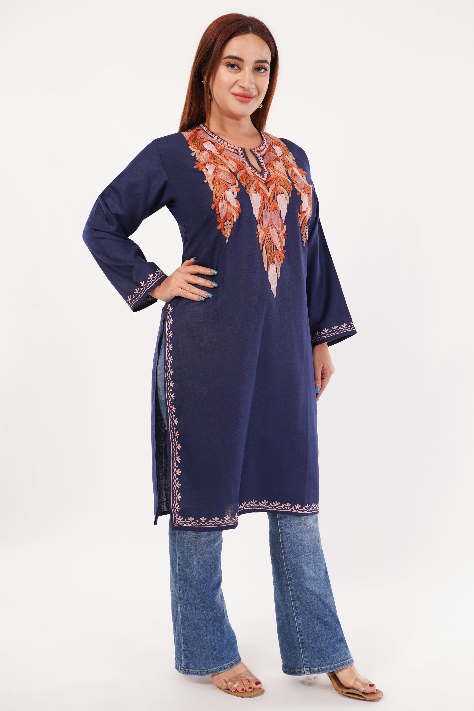Kashmiri Aari embroidery Cotton Long Kurti Size-44(Navy Blue)