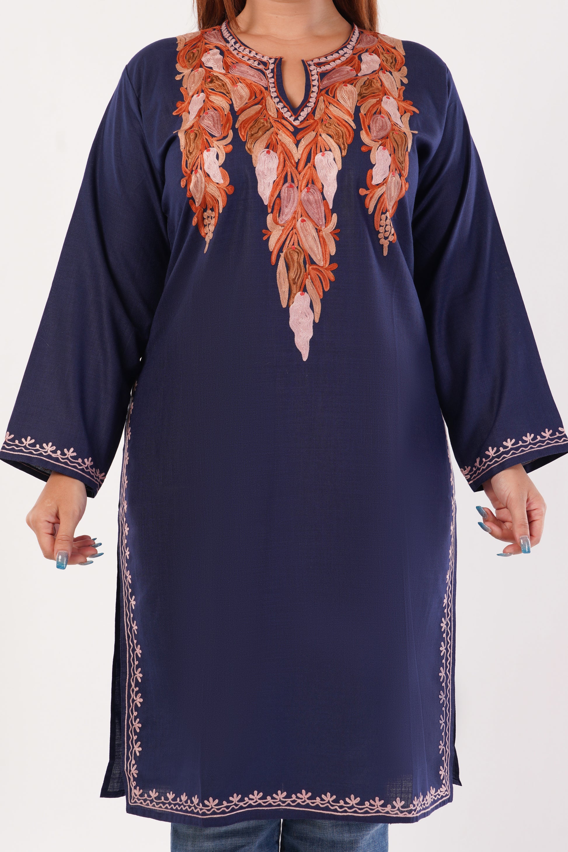 Kashmiri Aari embroidery Cotton Long Kurti Size-44(Navy Blue)