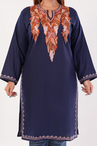Kashmiri Aari embroidery Cotton Long Kurti Size-44(Navy Blue)
