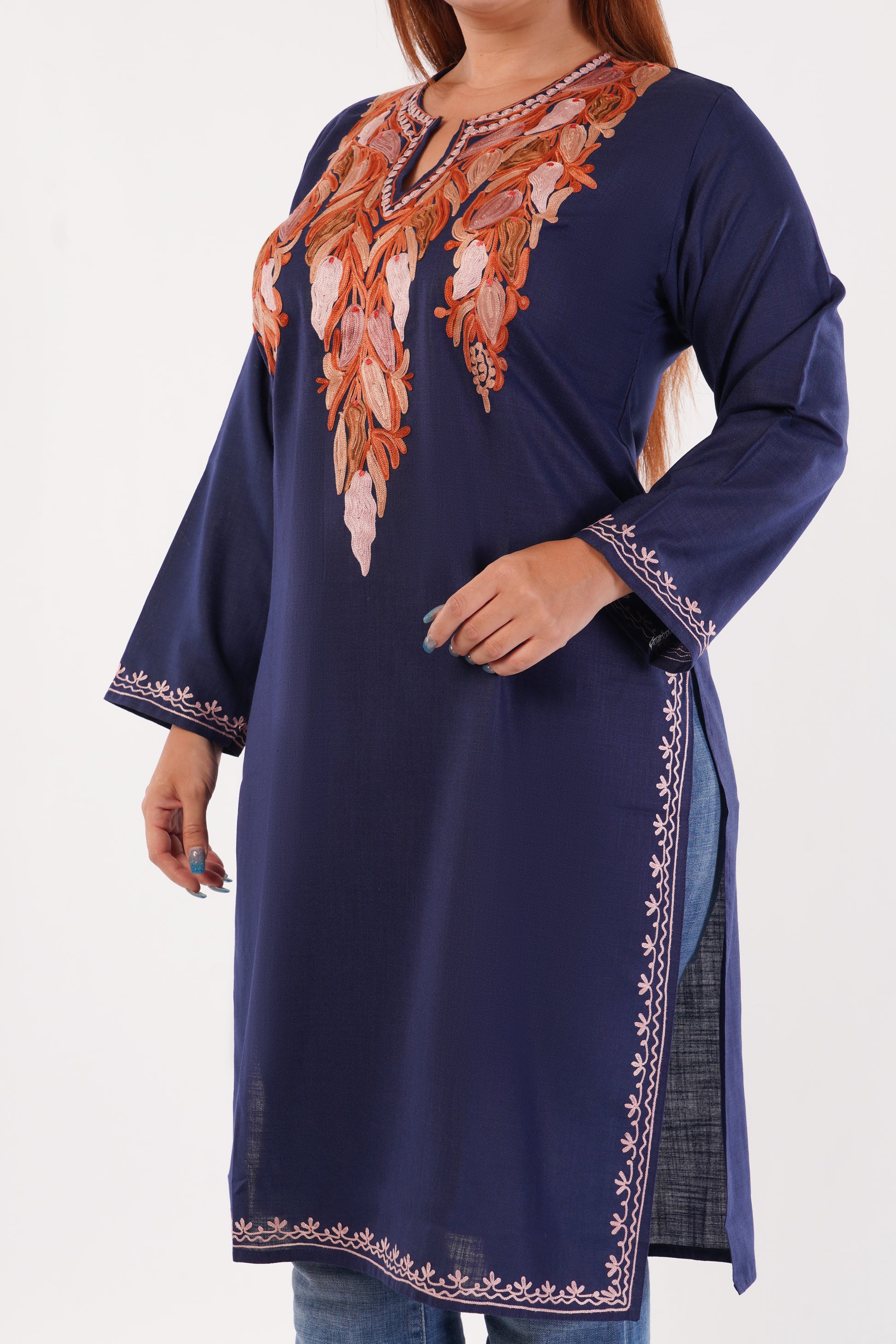 Kashmiri Aari embroidery Cotton Long Kurti Size-44(Navy Blue)
