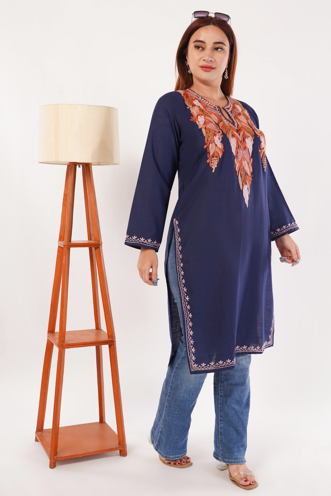 Kashmiri Aari embroidery Cotton Long Kurti Size-44(Navy Blue)