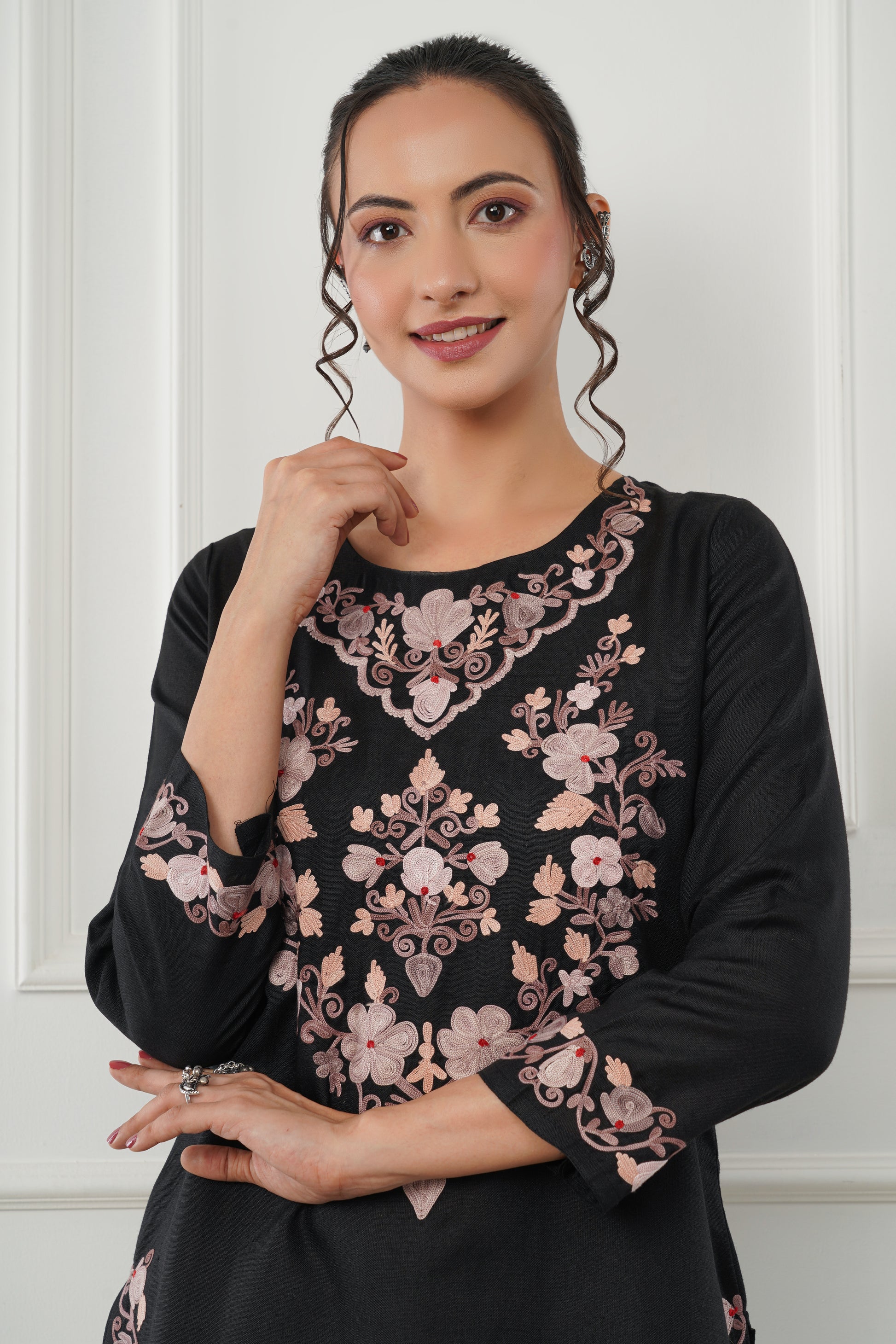 Kashmiri Short Kurti Set-(Black)