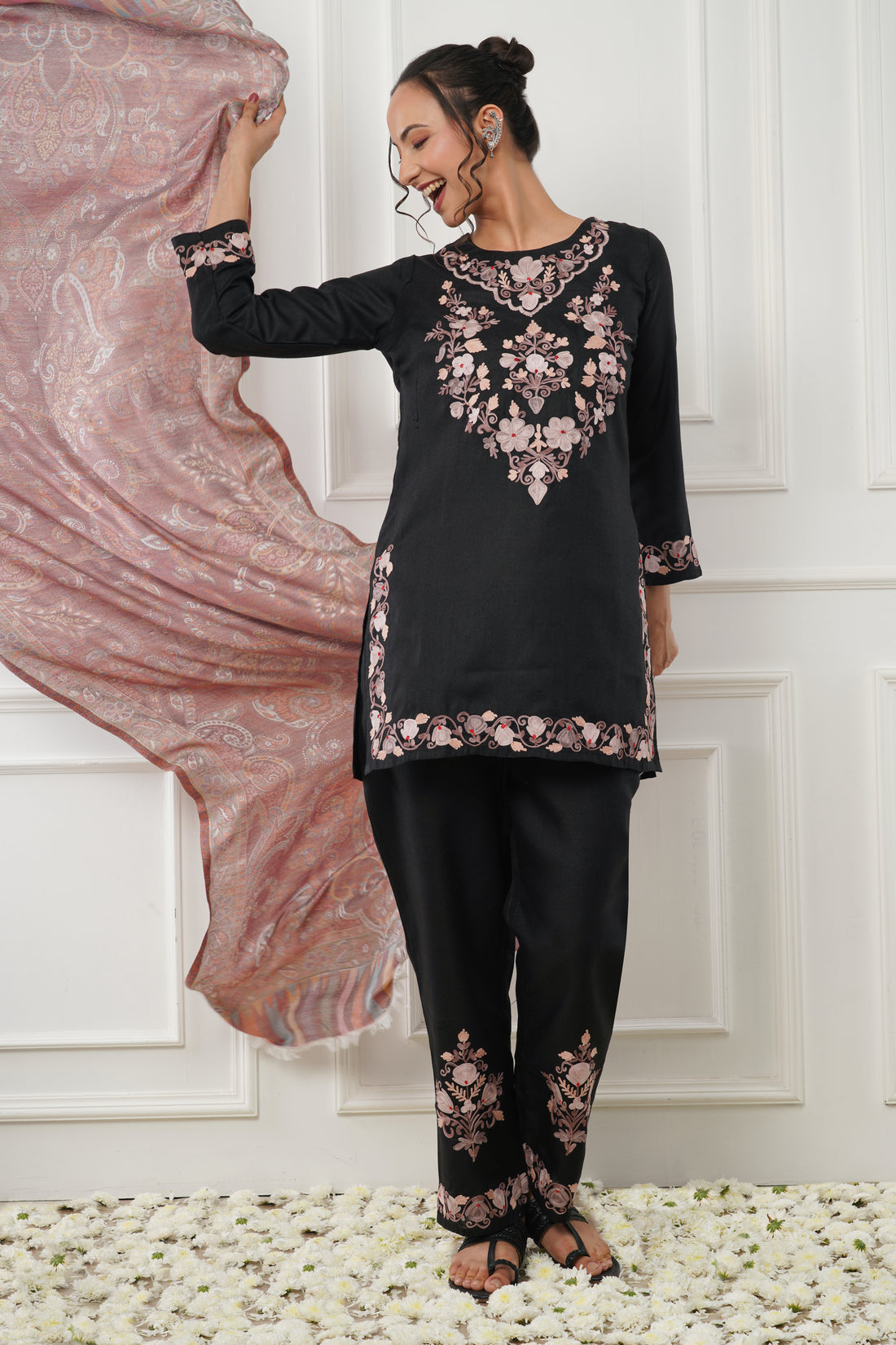 Kashmiri Short Kurti Set-(Black)