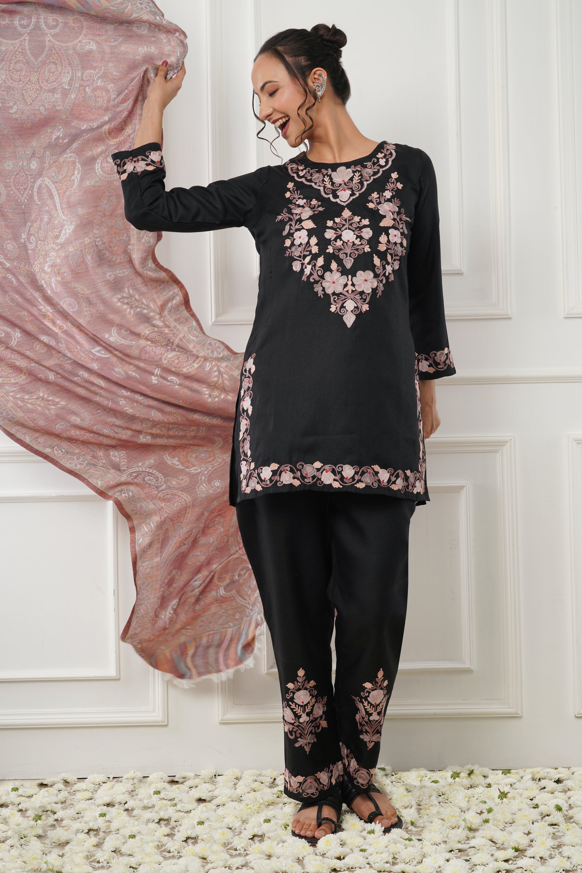Kashmiri Short Kurti Set-(Black)