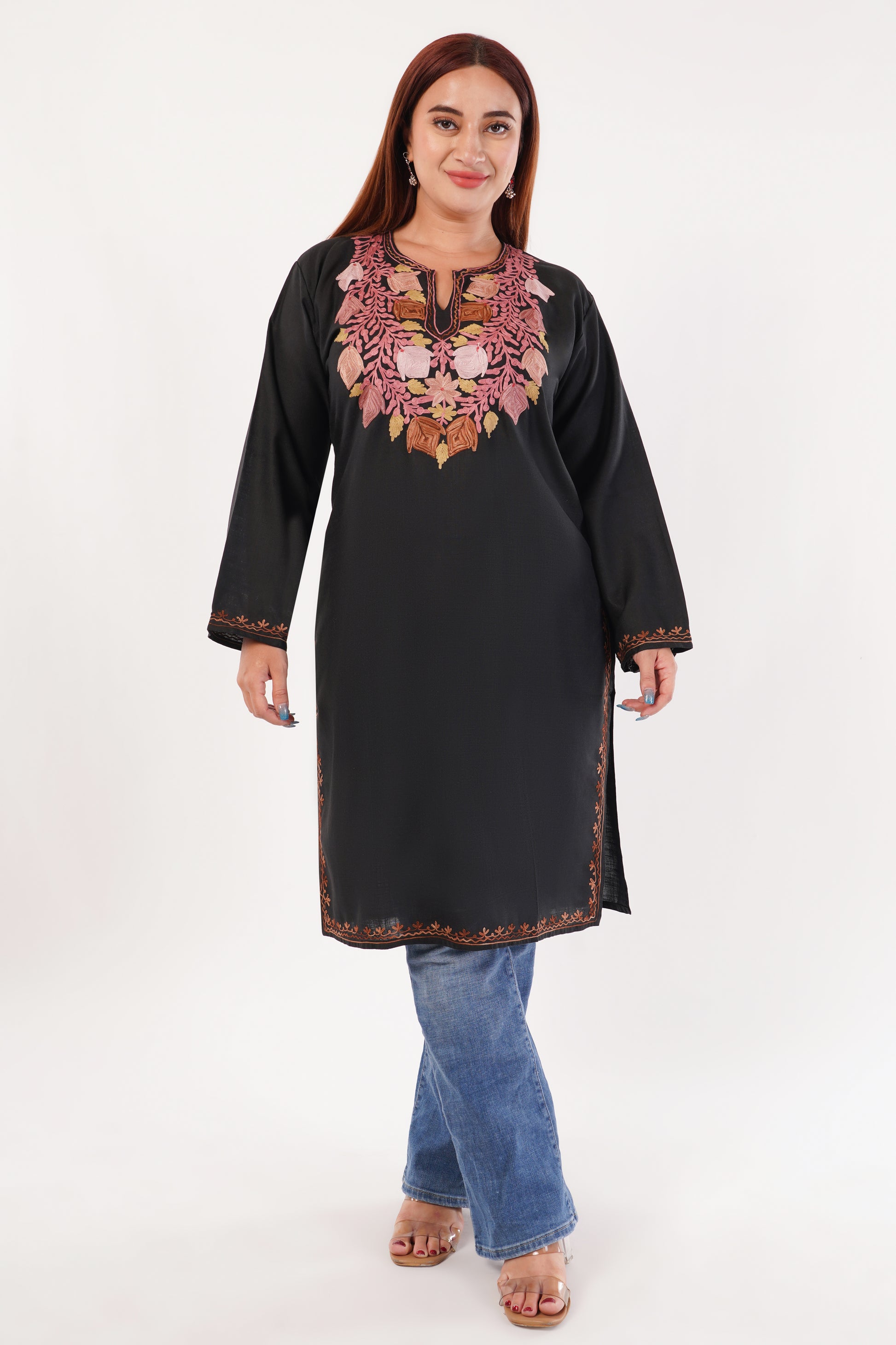 Kashmiri Aari embroidery Cotton Long Kurti Size-44(Black)