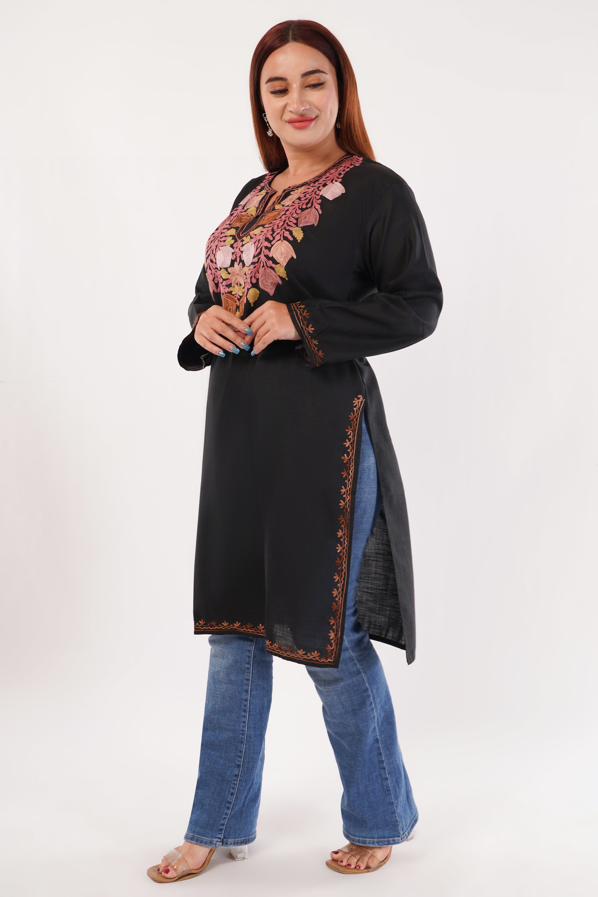 Kashmiri Aari embroidery Cotton Long Kurti Size-44(Black)