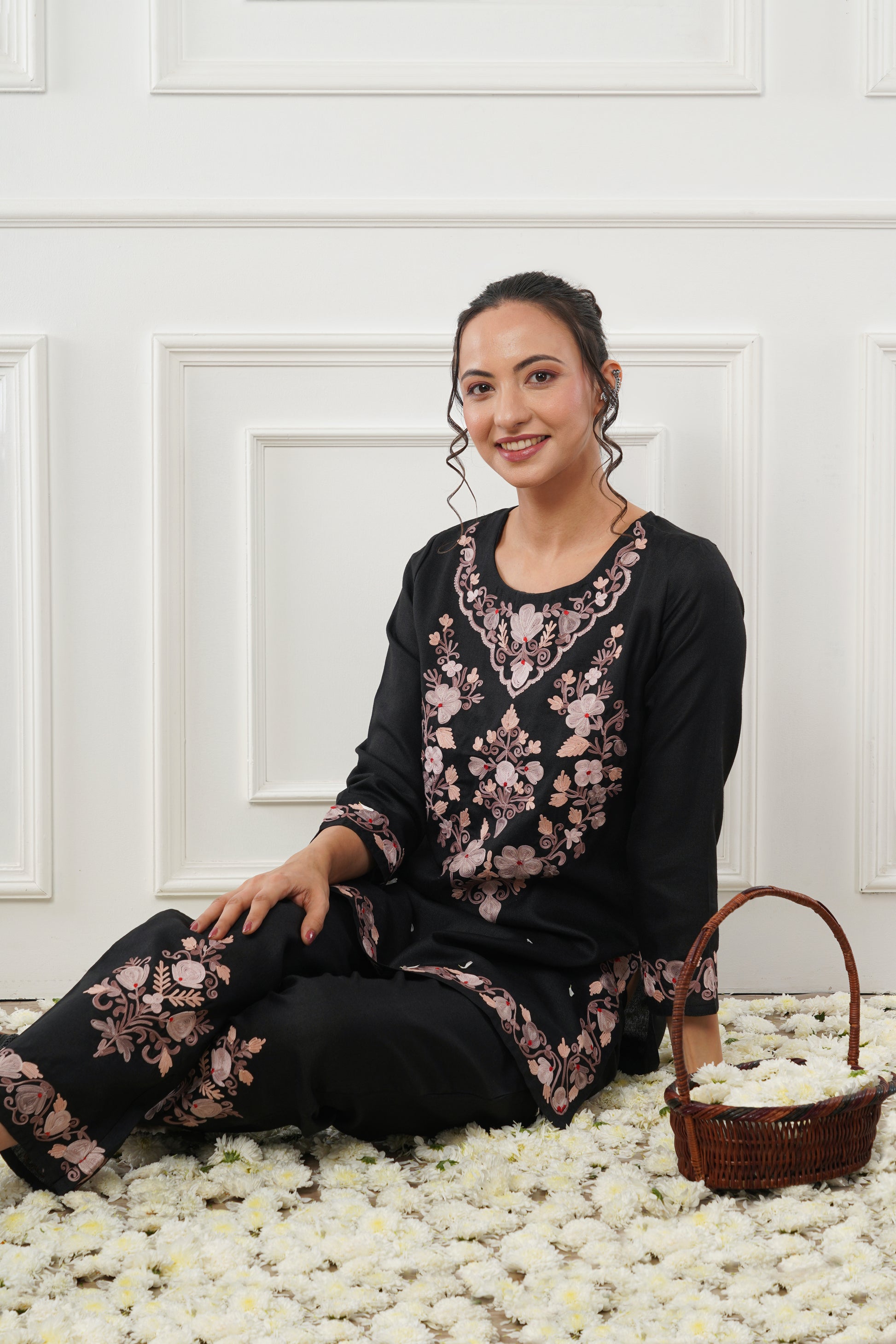 Kashmiri Short Kurti Set-(Black)