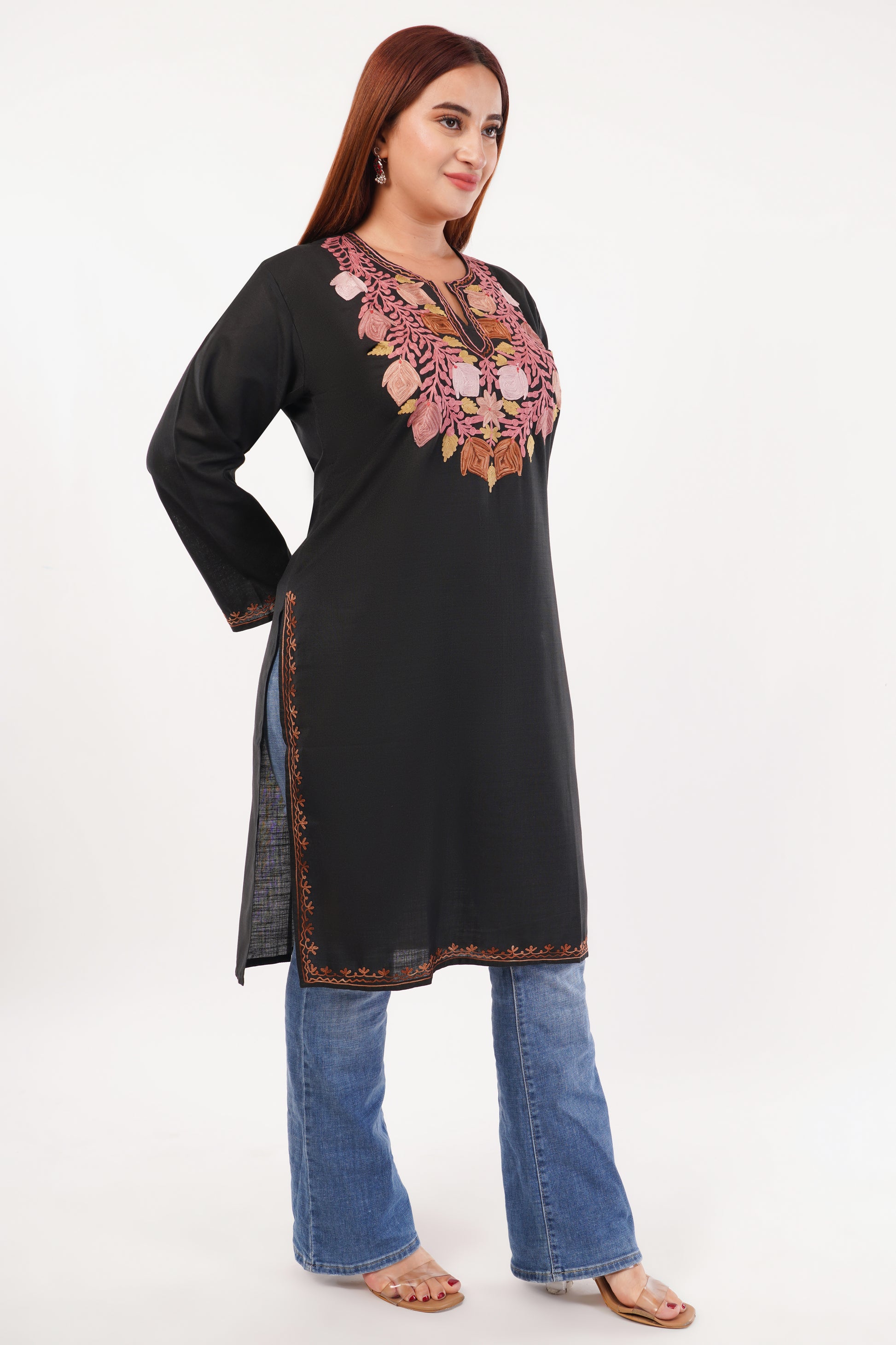 Kashmiri Aari embroidery Cotton Long Kurti Size-44(Black)