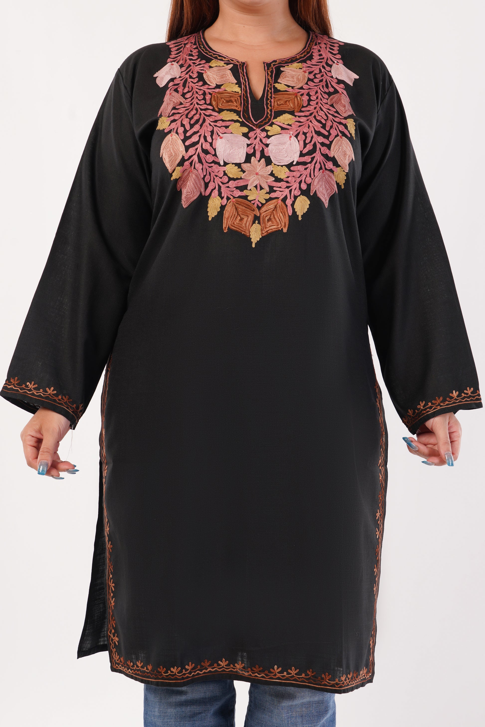 Kashmiri Aari embroidery Cotton Long Kurti Size-44(Black)