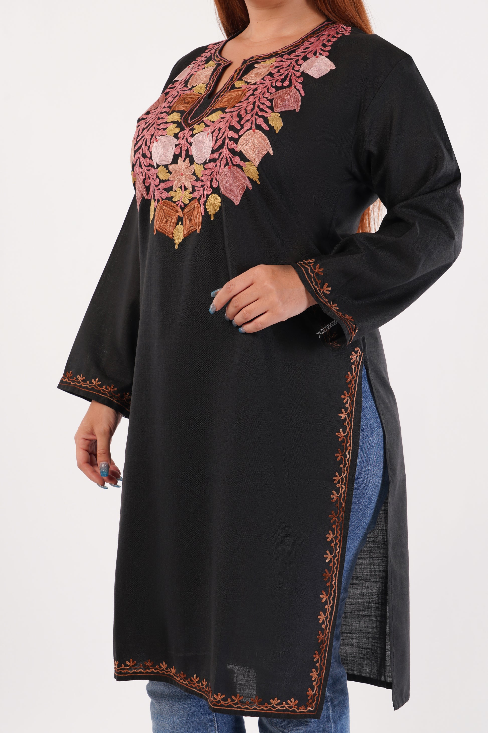 Kashmiri Aari embroidery Cotton Long Kurti Size-44(Black)