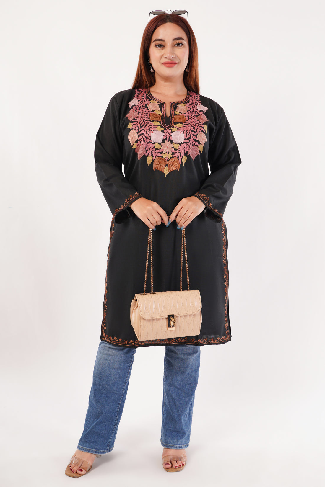 Kashmiri Aari embroidery Cotton Long Kurti Size-44(Black)
