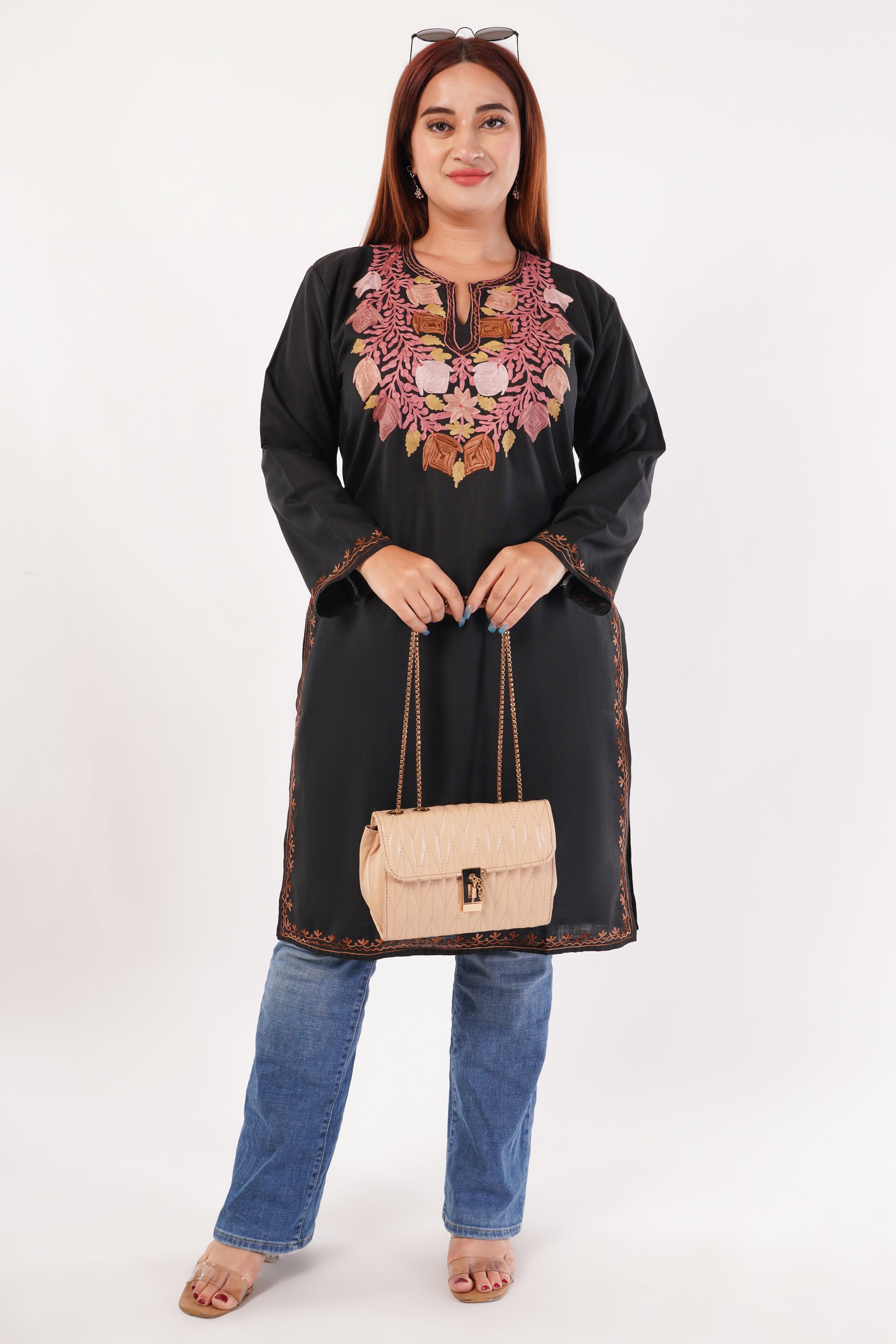Kashmiri Aari embroidery Cotton Long Kurti Size-44(Black)