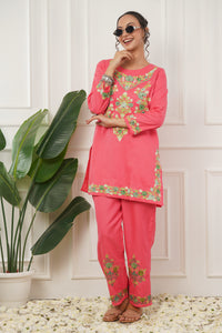 Kashmiri Short Kurti Set-(Pink)