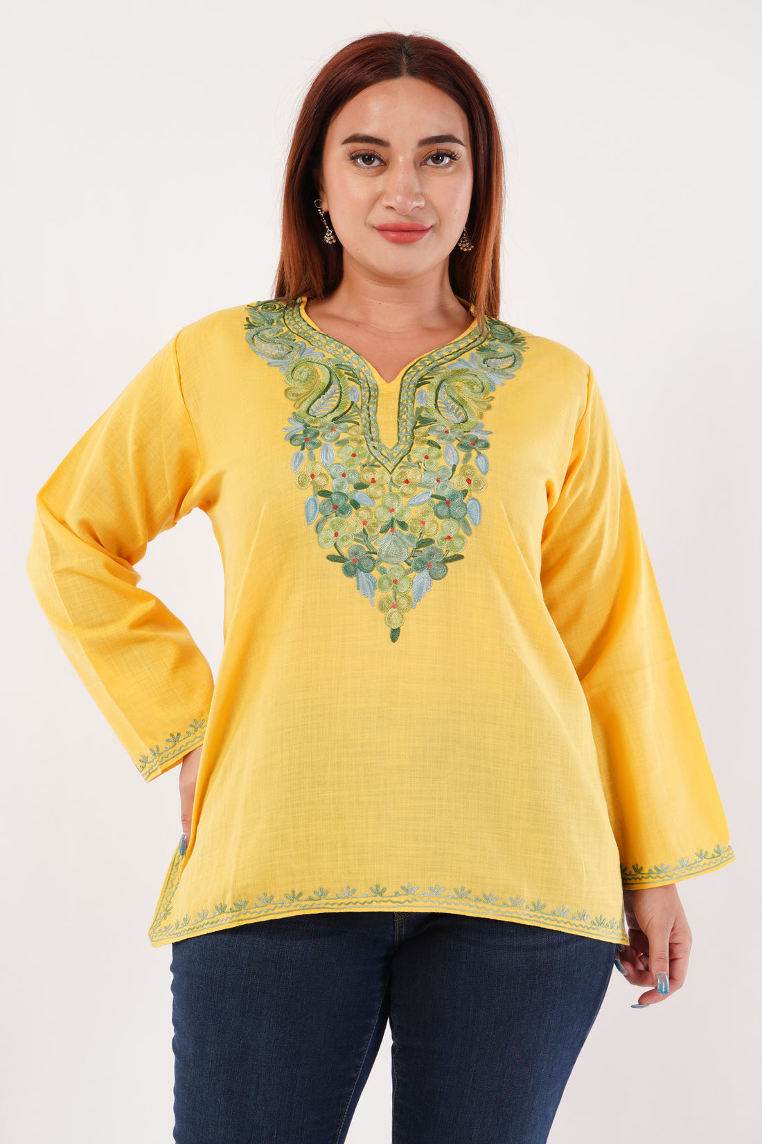 Kashmiri Aari embroidery Cotton Short Kurti Size-44(Yellow)
