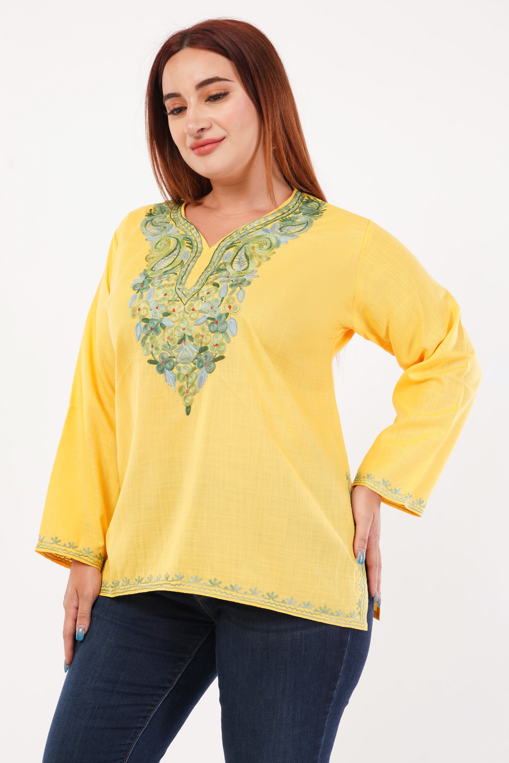 Kashmiri Aari embroidery Cotton Short Kurti Size-44(Yellow)