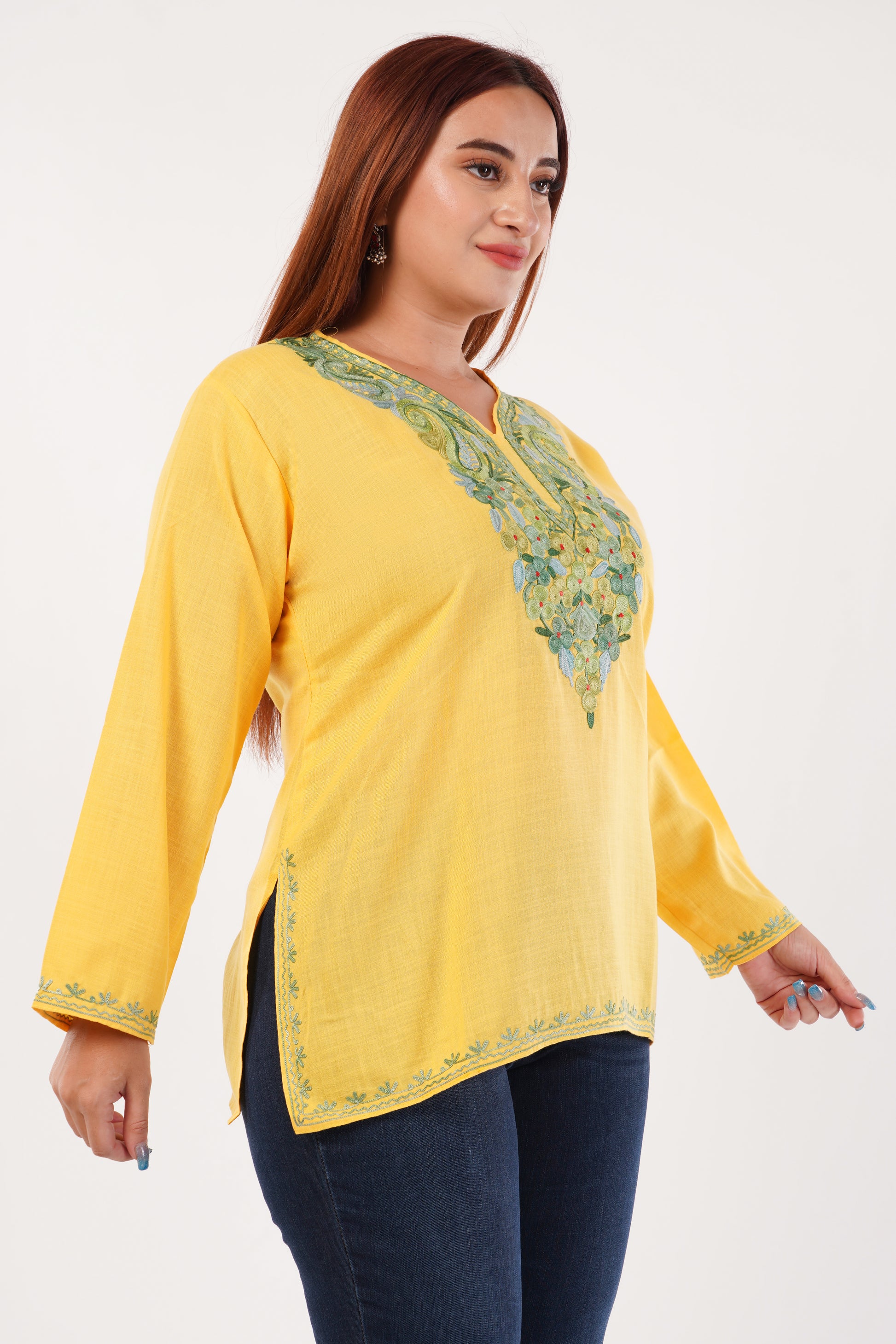 Kashmiri Aari embroidery Cotton Short Kurti Size-44(Yellow)