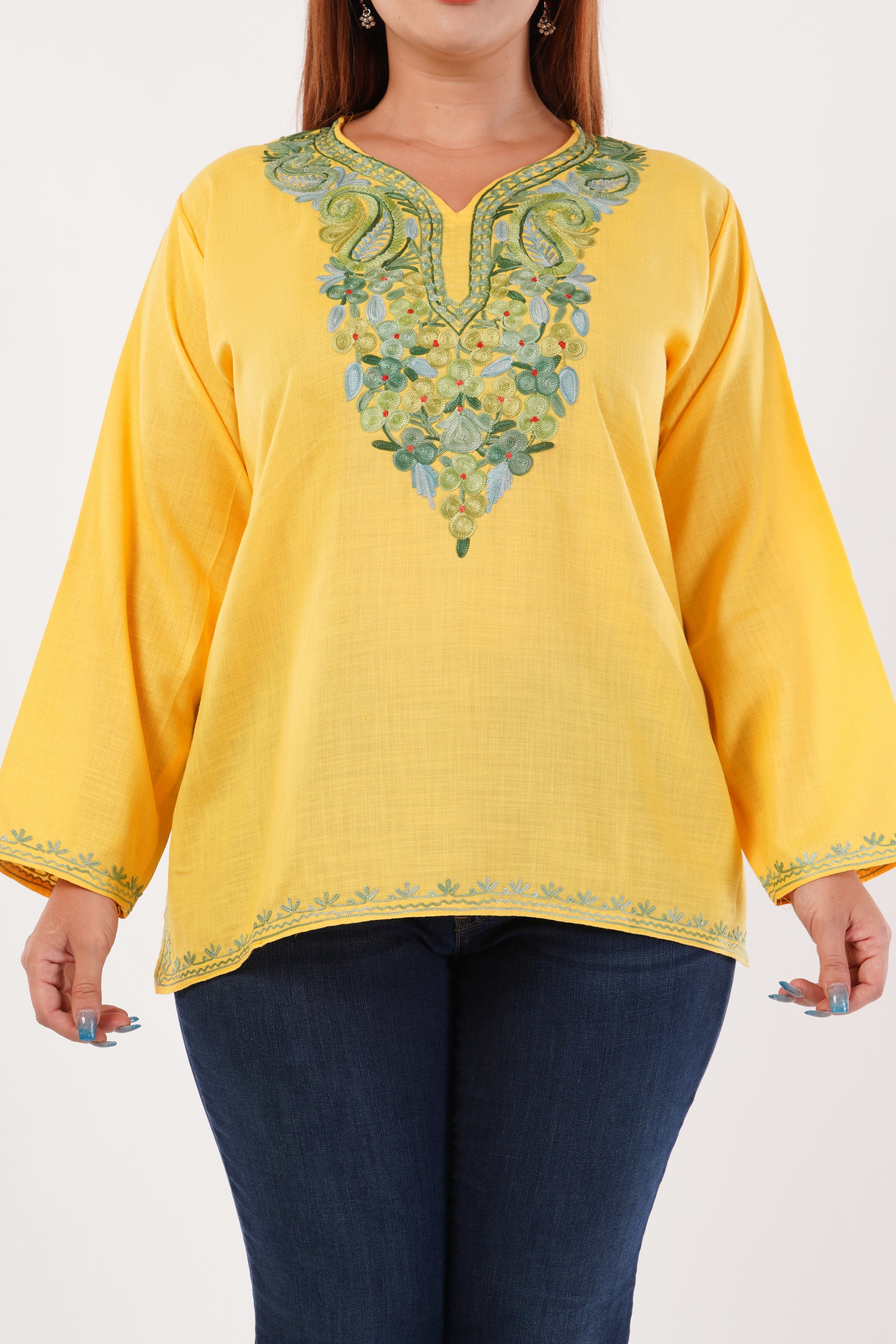 Kashmiri Aari embroidery Cotton Short Kurti Size-44(Yellow)