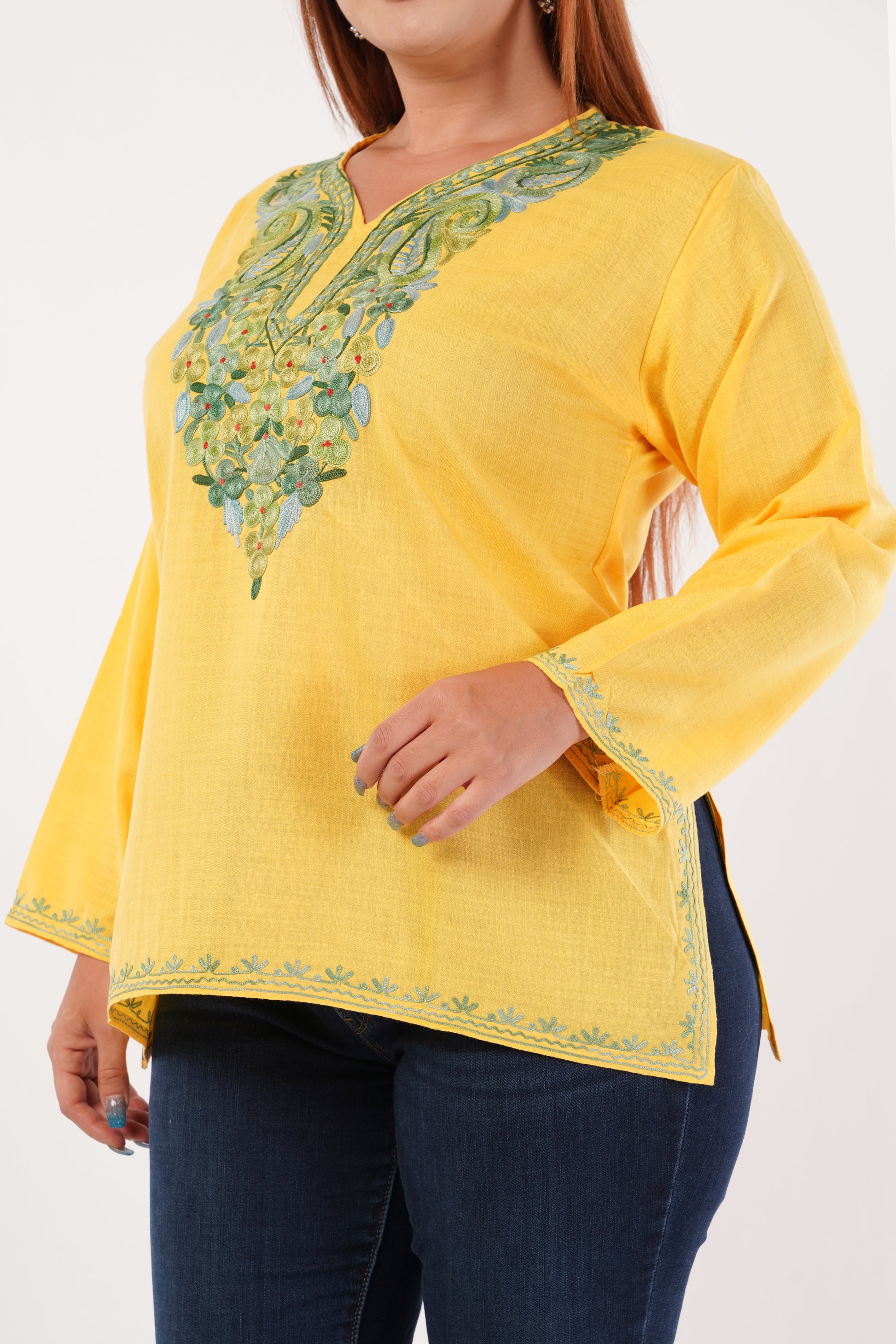 Kashmiri Aari embroidery Cotton Short Kurti Size-44(Yellow)