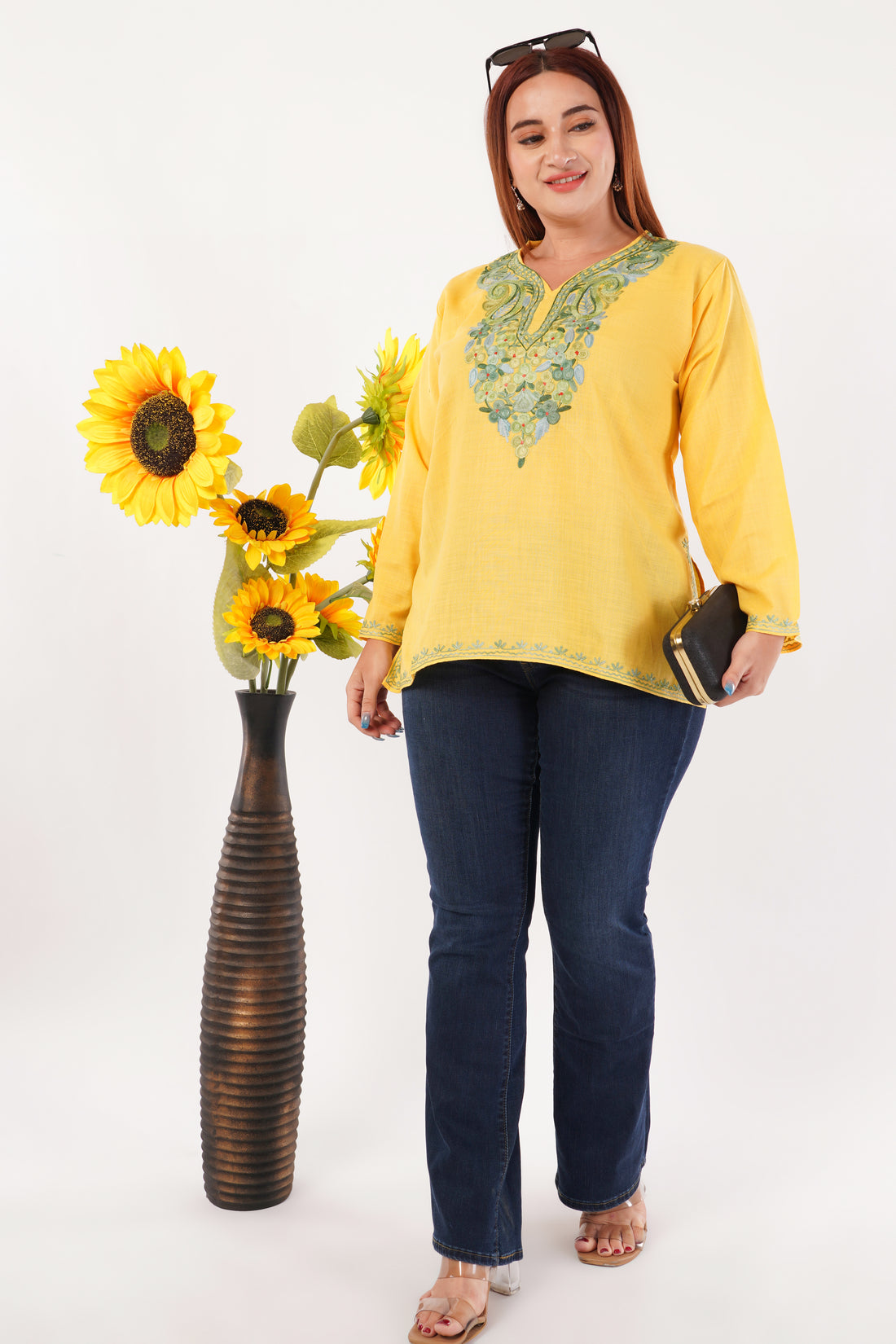 Kashmiri Aari embroidery Cotton Short Kurti Size-44(Yellow)