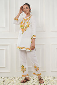 Kashmiri Short Kurti Set-(white)