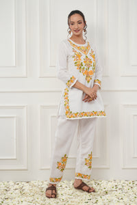 Kashmiri Short Kurti Set-(white)