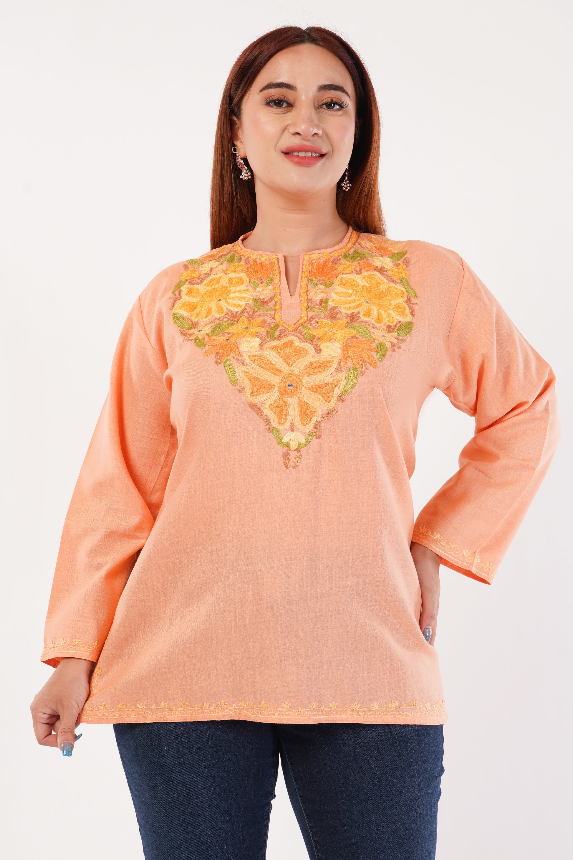 Kashmiri Aari embroidery Cotton Short Kurti Size-44(Peach)