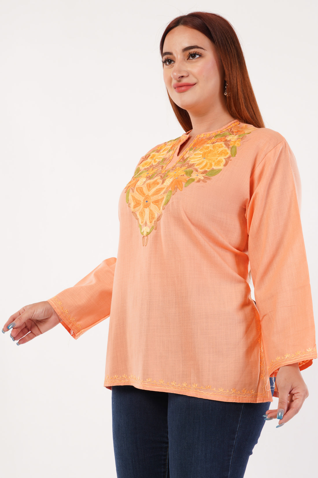 Kashmiri Aari embroidery Cotton Short Kurti Size-44(Peach)