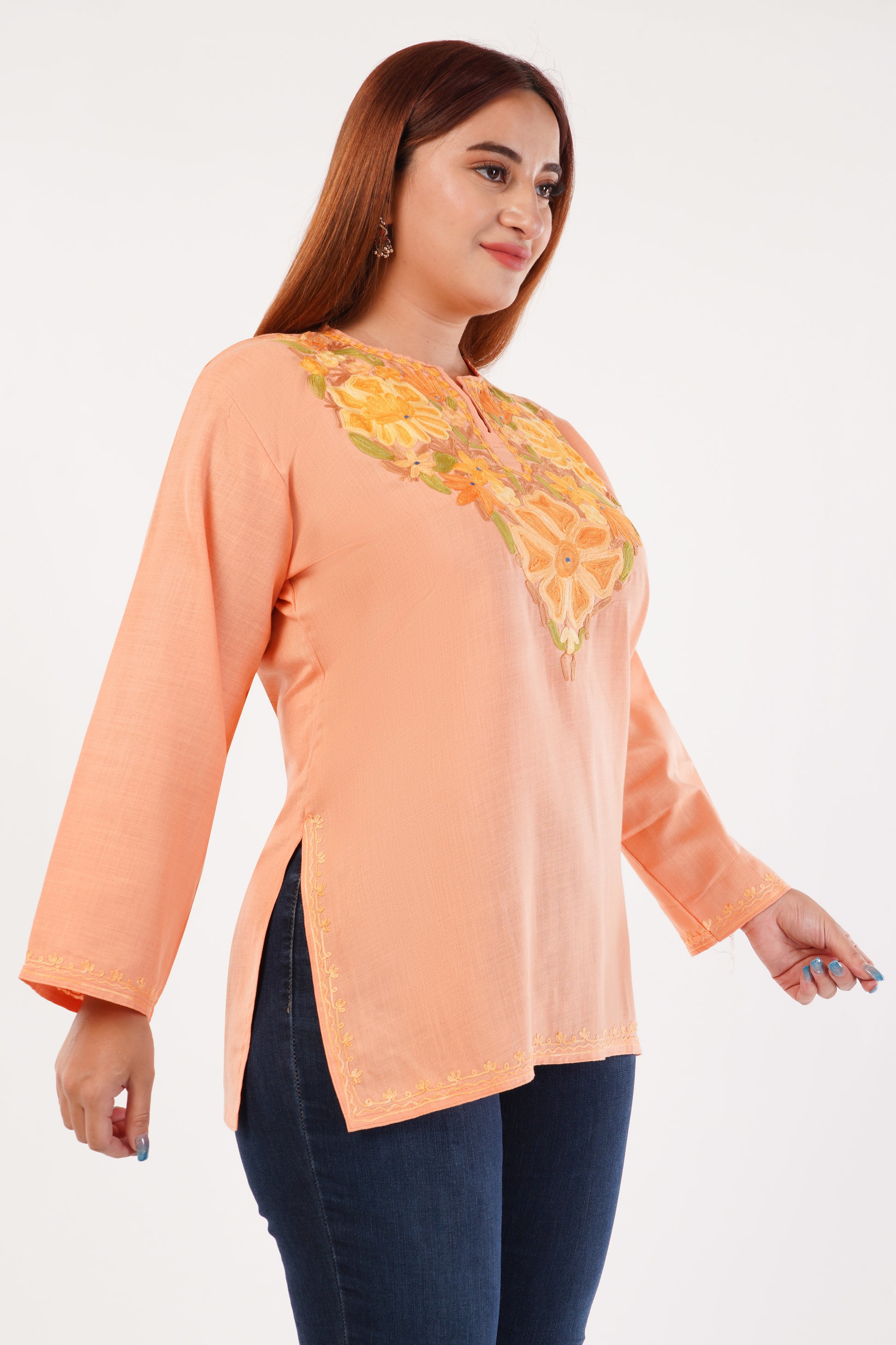 Kashmiri Aari embroidery Cotton Short Kurti Size-44(Peach)