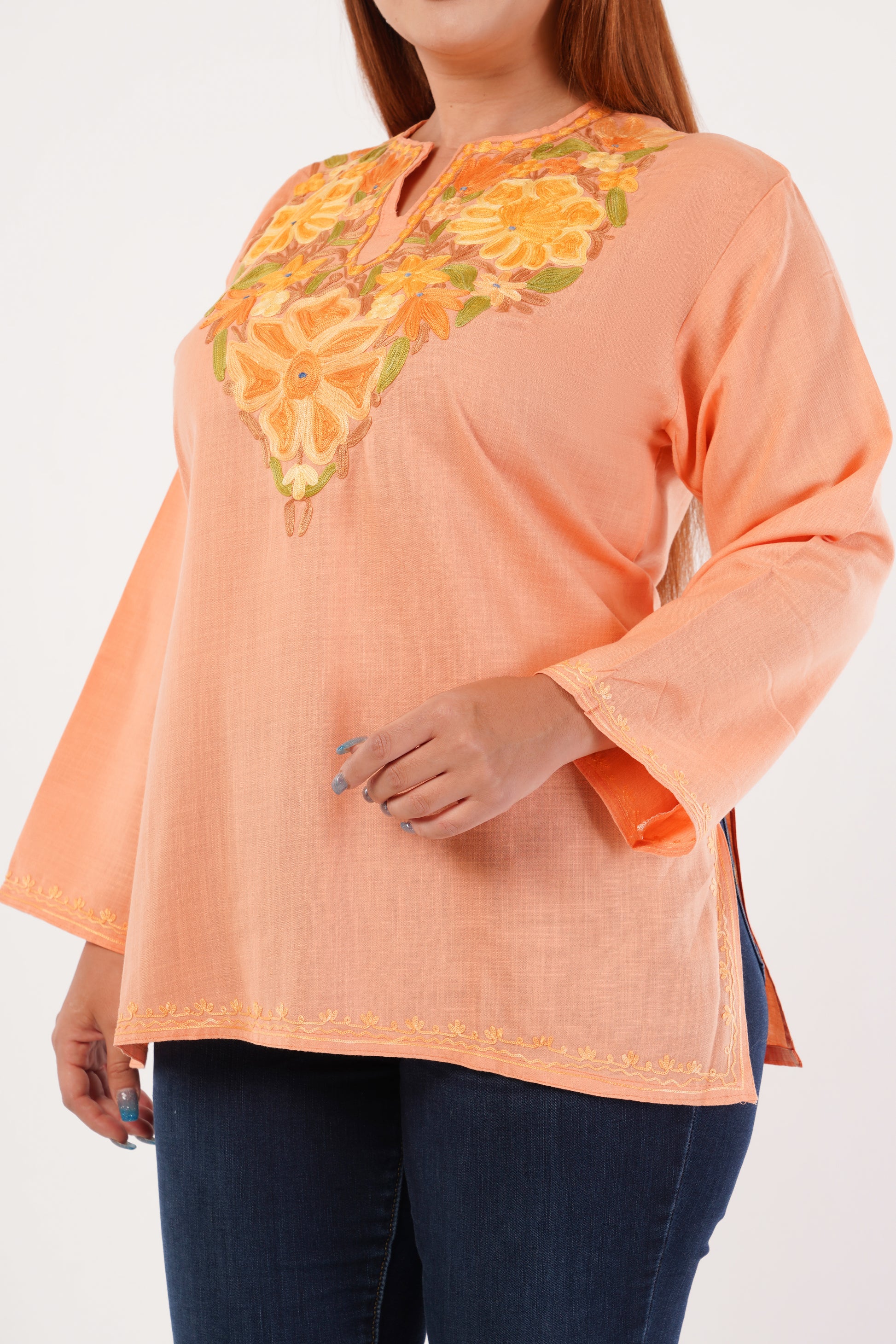 Kashmiri Aari embroidery Cotton Short Kurti Size-44(Peach)