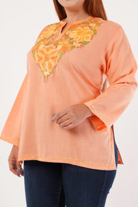 Kashmiri Aari embroidery Cotton Short Kurti Size-44(Peach)
