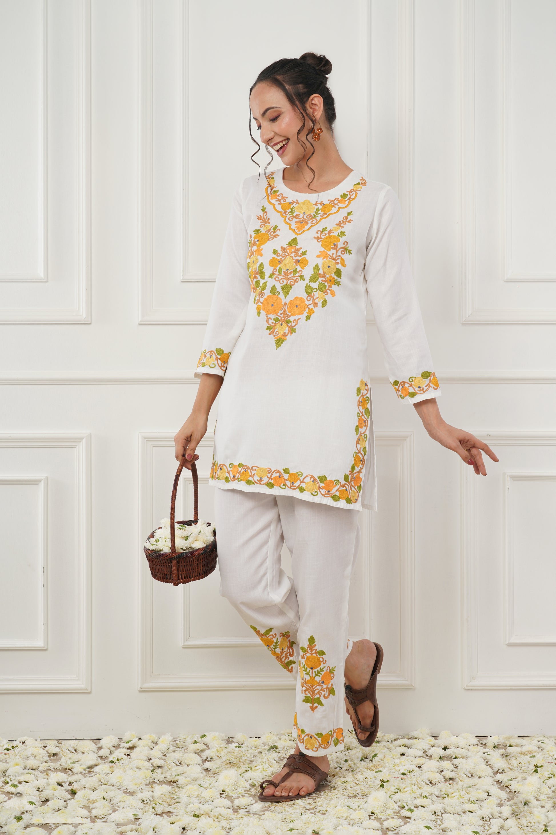 Kashmiri Short Kurti Set-(white)
