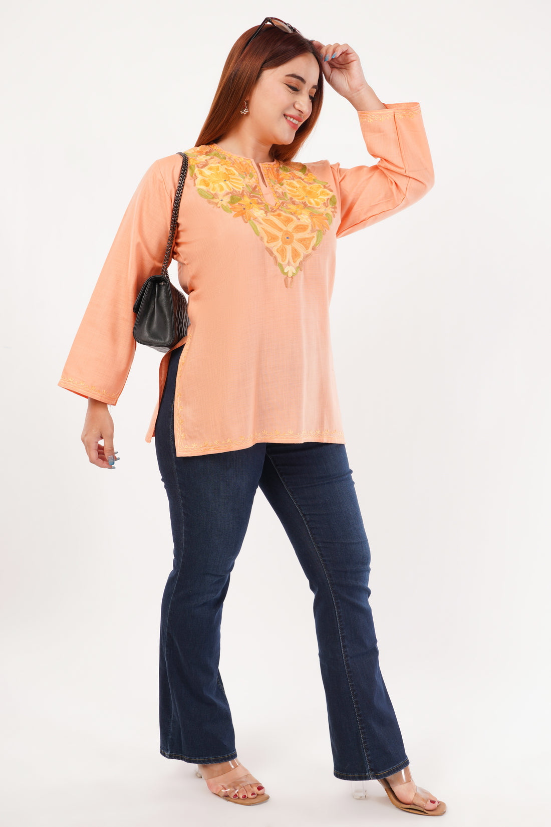 Kashmiri Aari embroidery Cotton Short Kurti Size-44(Peach)
