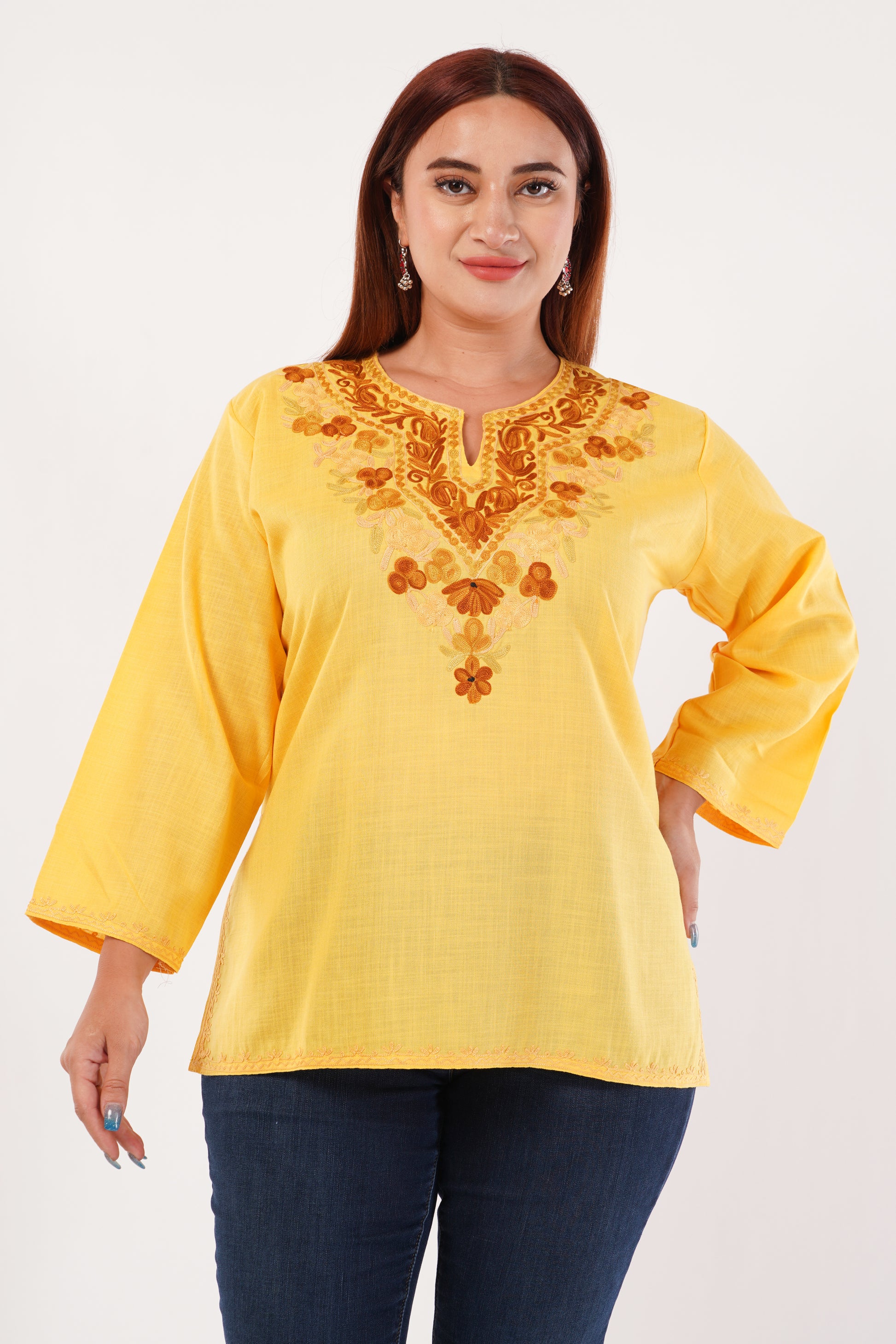 Kashmiri Aari embroidery Cotton Short Kurti Size-44(Yellow)