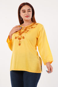 Kashmiri Aari embroidery Cotton Short Kurti Size-44(Yellow)