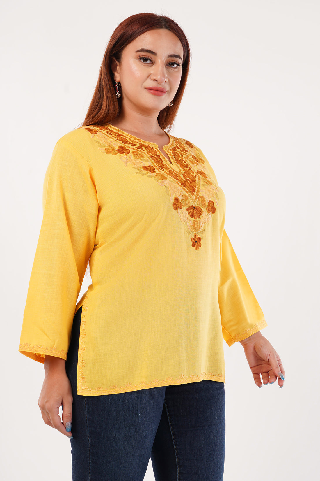 Kashmiri Aari embroidery Cotton Short Kurti Size-44(Yellow)