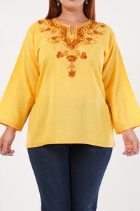 Kashmiri Aari embroidery Cotton Short Kurti Size-44(Yellow)
