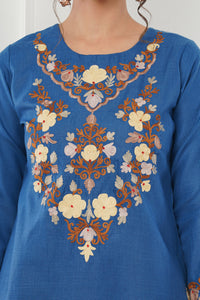 Kashmiri Short Kurti Set-(Blue)