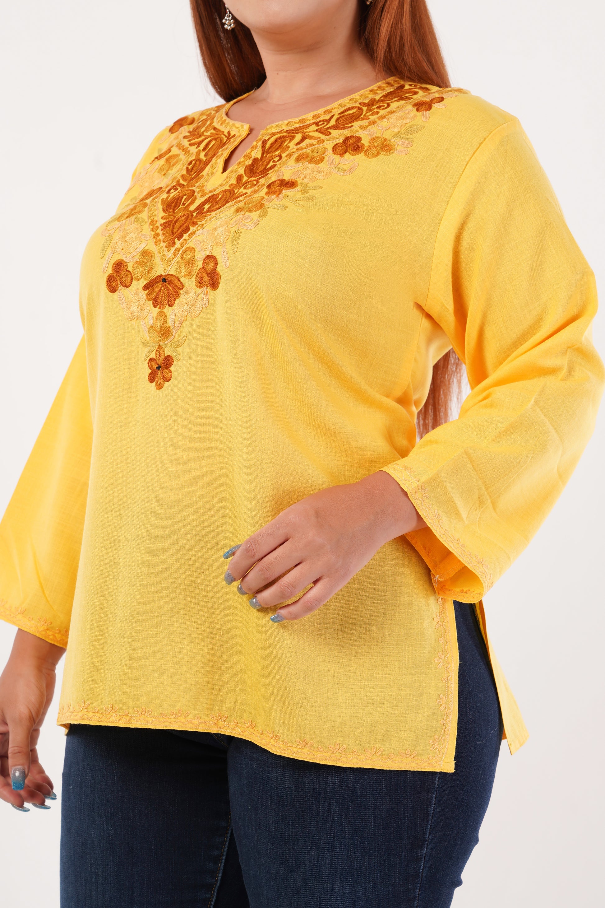 Kashmiri Aari embroidery Cotton Short Kurti Size-44(Yellow)