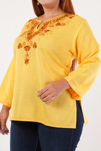 Kashmiri Aari embroidery Cotton Short Kurti Size-44(Yellow)