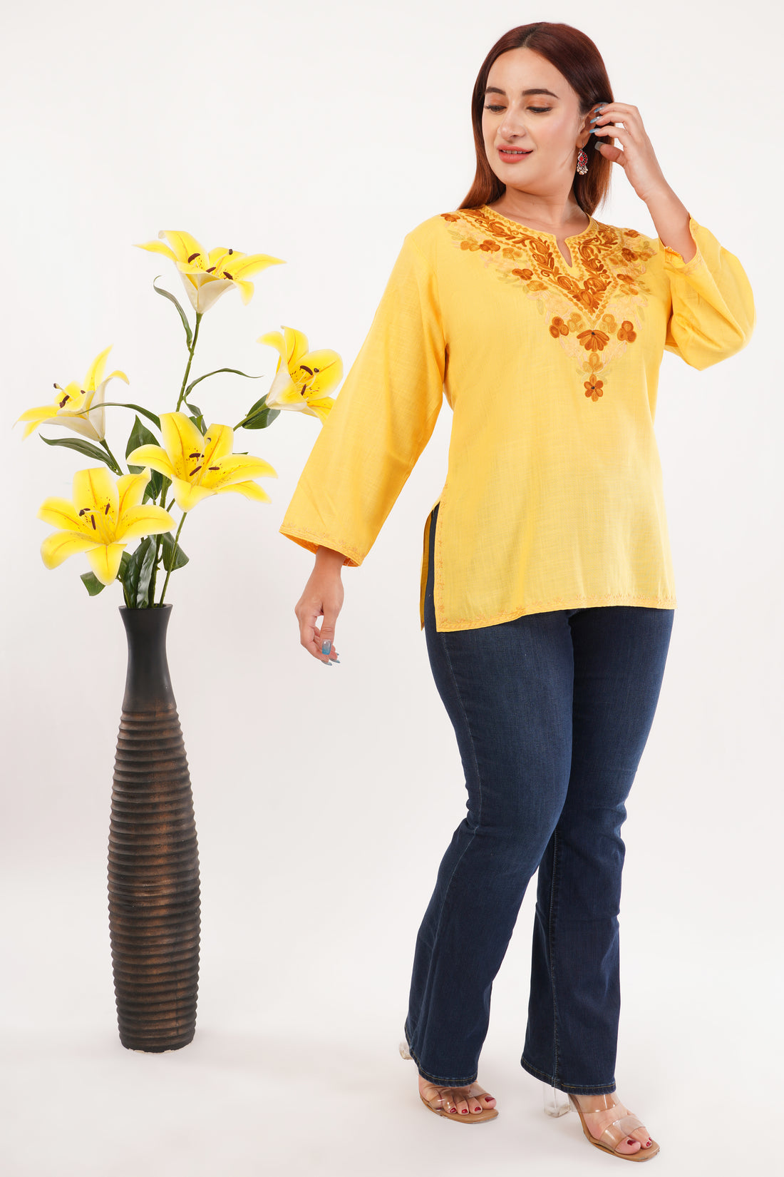 Kashmiri Aari embroidery Cotton Short Kurti Size-44(Yellow)