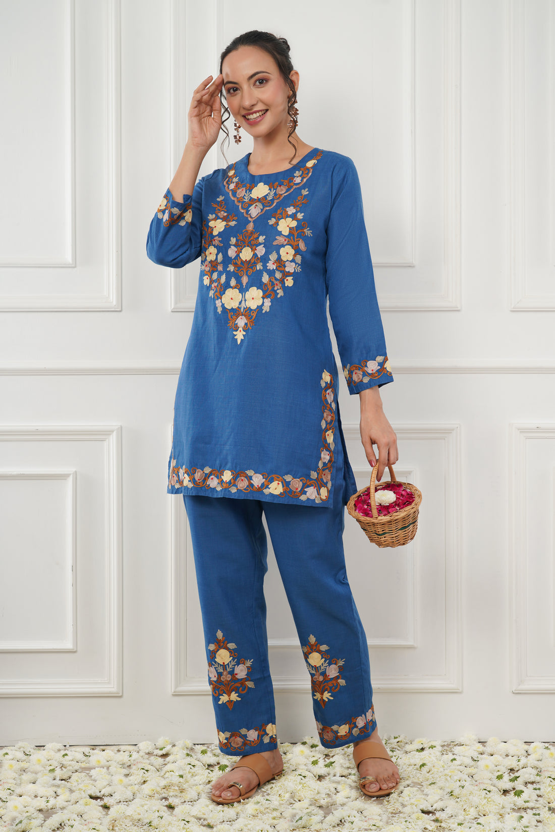 Kashmiri Short Kurti Set-(Blue)
