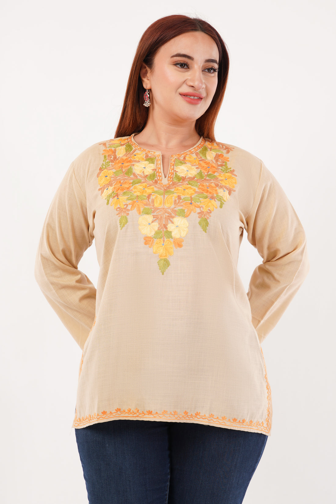 Kashmiri Aari embroidery Cotton Short Kurti Size-44(Beige)