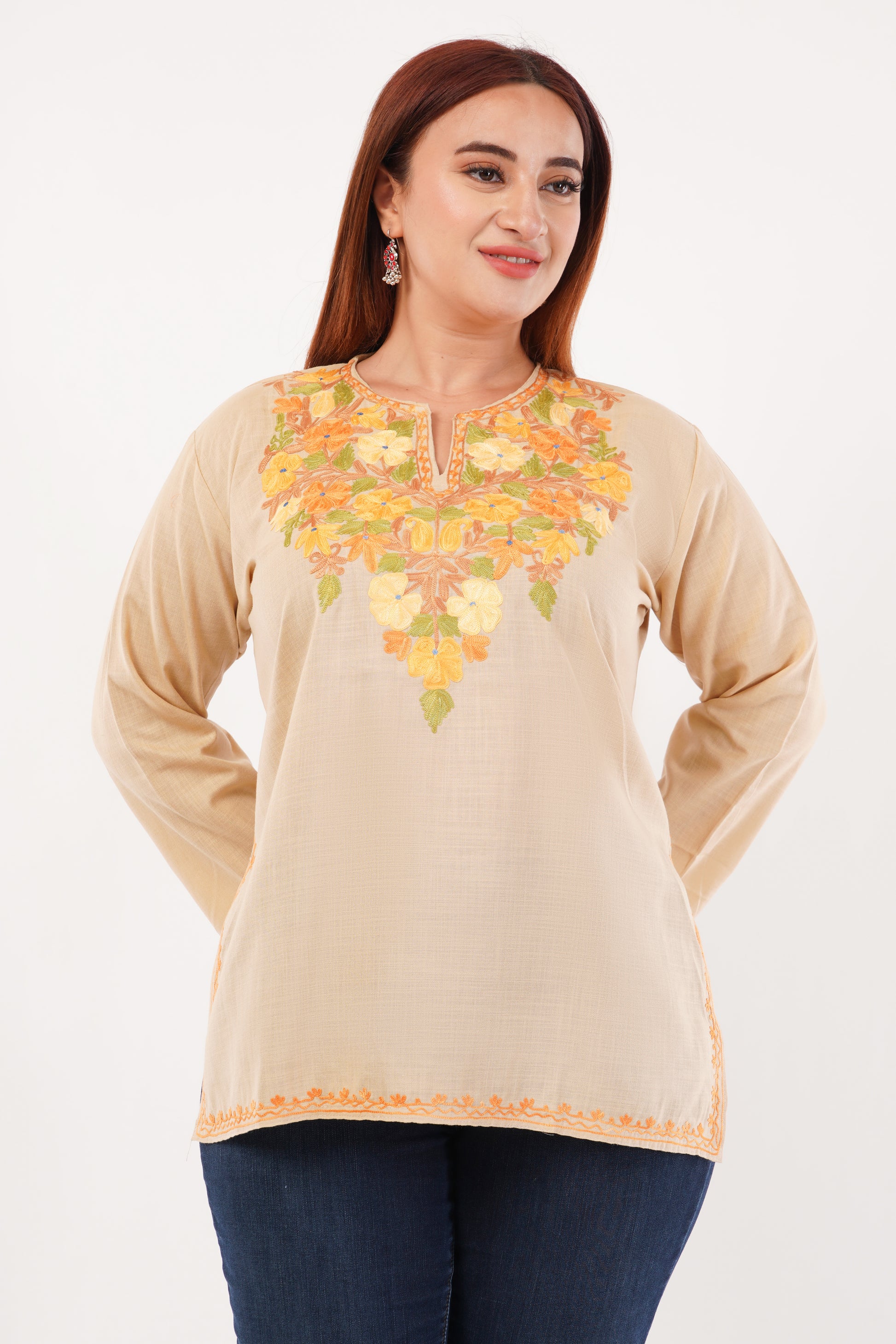 Kashmiri Aari embroidery Cotton Short Kurti Size-44(Beige)