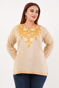Kashmiri Aari embroidery Cotton Short Kurti Size-44(Beige)