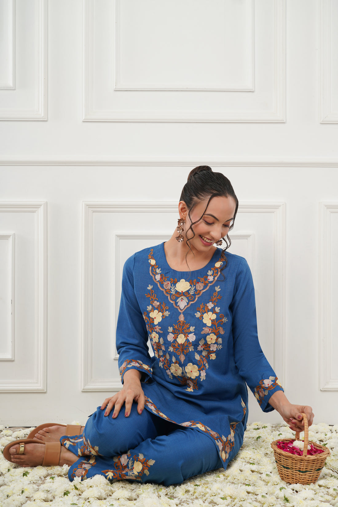 Kashmiri Short Kurti Set-(Blue)