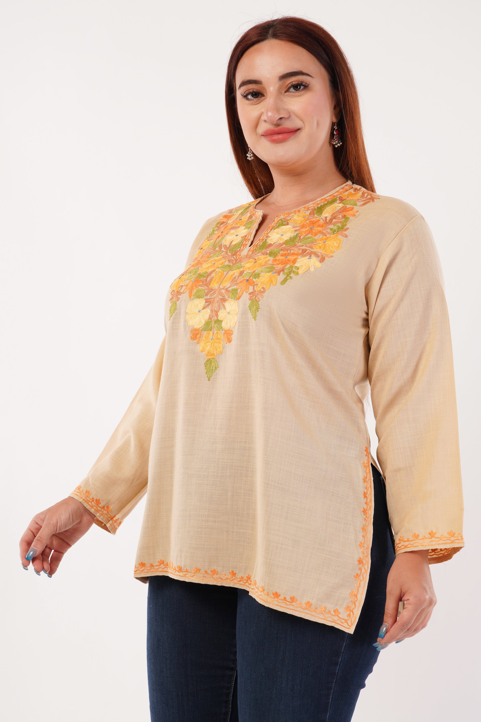 Kashmiri Aari embroidery Cotton Short Kurti Size-44(Beige)